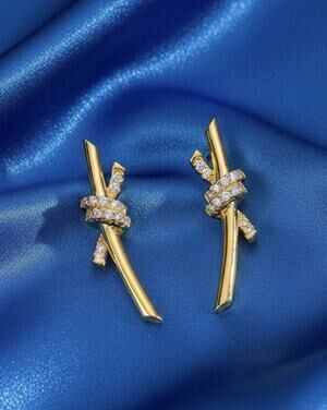 Anthropologie Ribbon Bar Earrings Bow Gold Pavé Crystal Knot Boho Stud CZ Branch